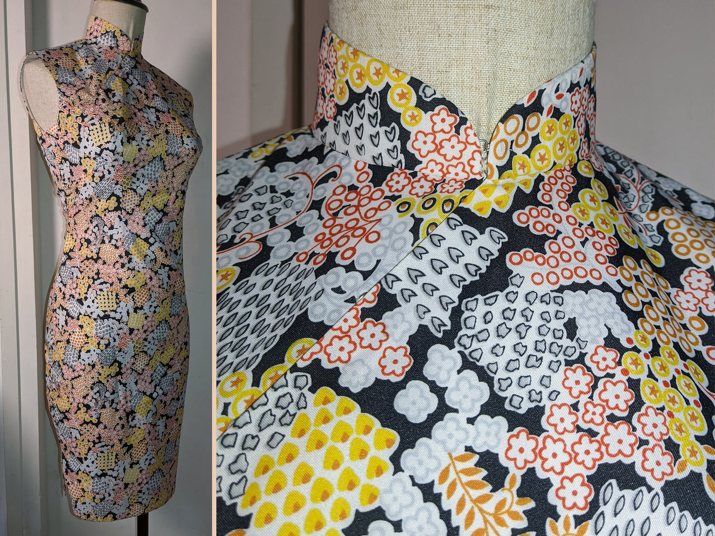 Vintage 1960s Cheongsam dress (Size M) | Lined, sleeveless | orange yellow blue white Floral on black | ready to ship NOW