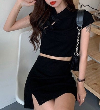 Modern Qipao / Cheongsam halter tank | black grey gray | stretchy Jersey knit elastic comfy y2k euphoria 2000s cropped cute summer crop top - 企直啲 Stand Tall D
