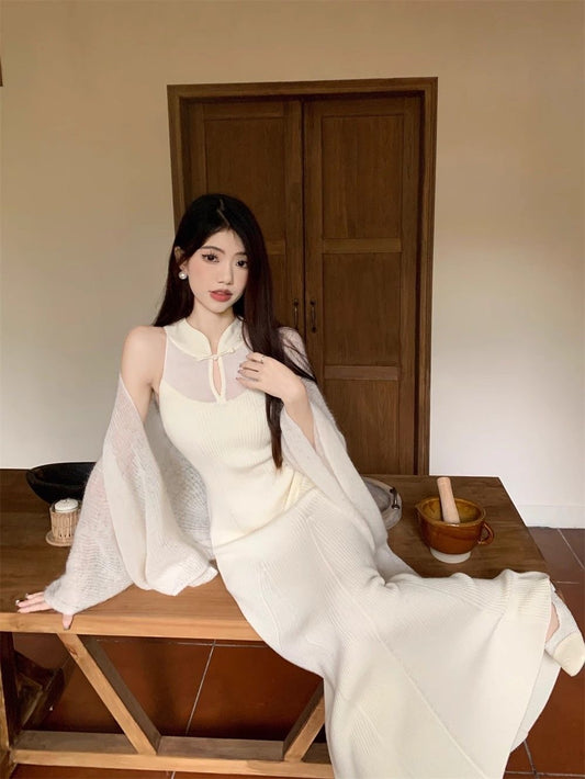 ❄️ Wool Knit stretch thicc white Qipao dress