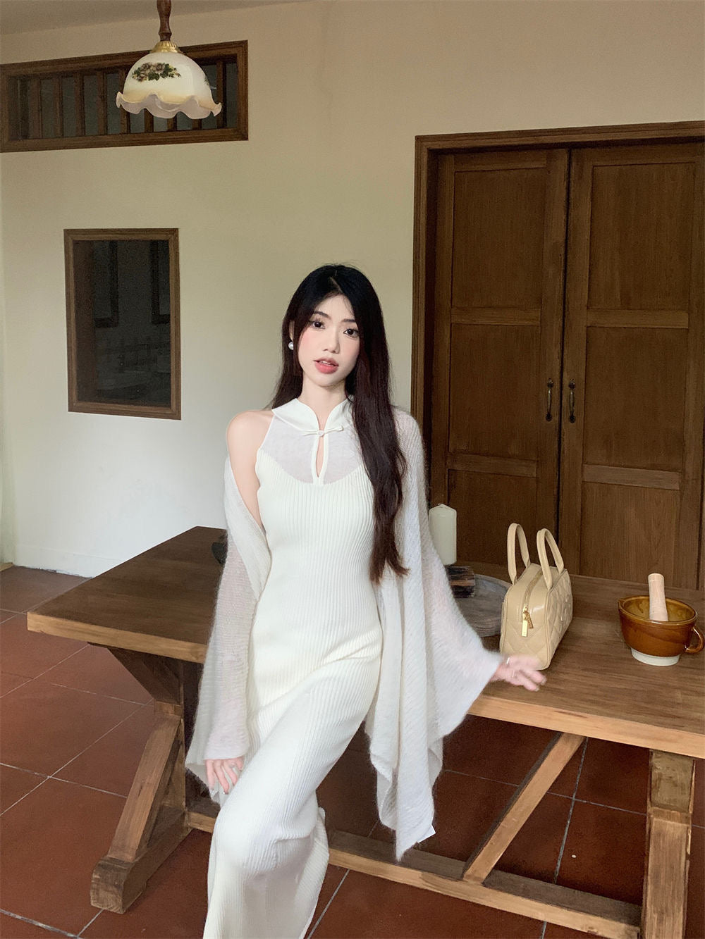 ❄️ Wool Knit stretch thicc white Qipao dress