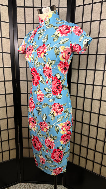 🌹 Pink rose on blue chiffon Cheongsam - 企直啲 Stand Tall D