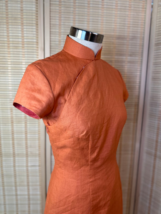 🍊Orange Silk Linen Cheongsam