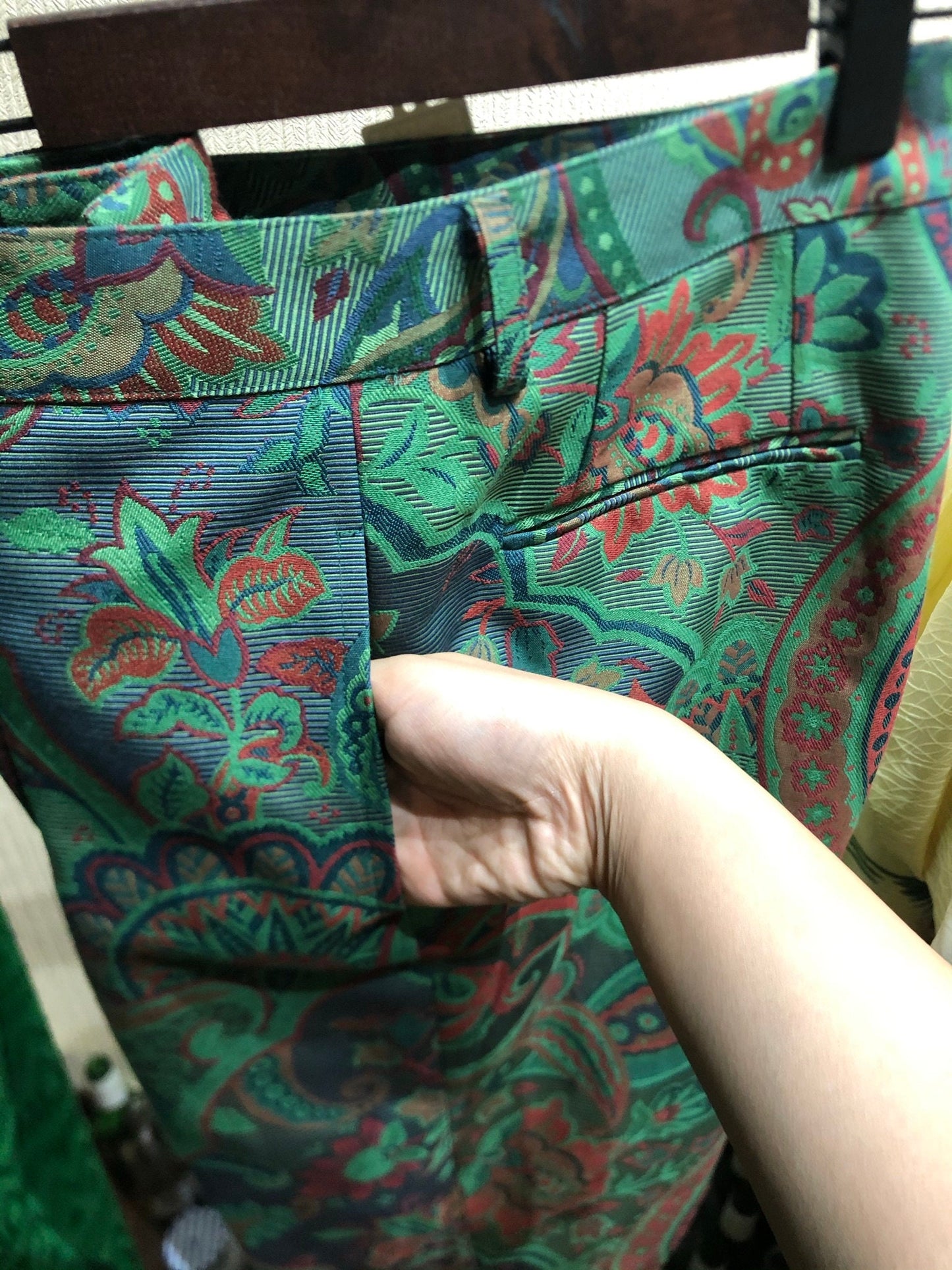 Green thick colorful luxury brocade trousers | experimental fashion sample ready to ship now | no zipper fully button historical design