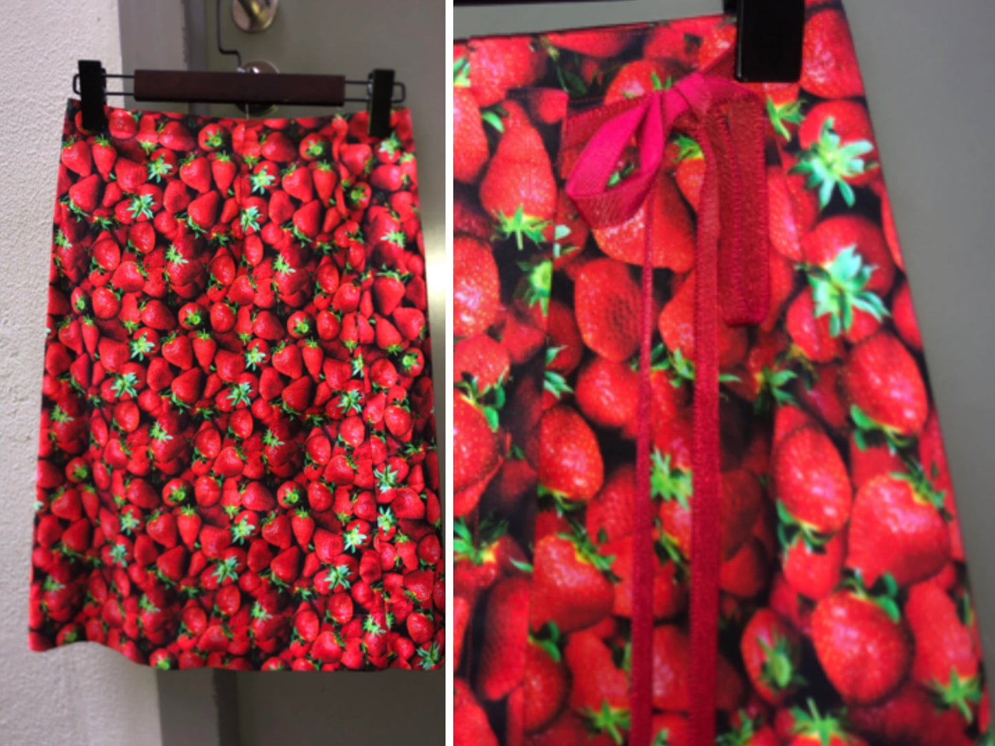 Strawberry Print Cotton Skirt | Bow n shell MOP buttons | sample sale ready to ship now adjustable waist free size knee length a line