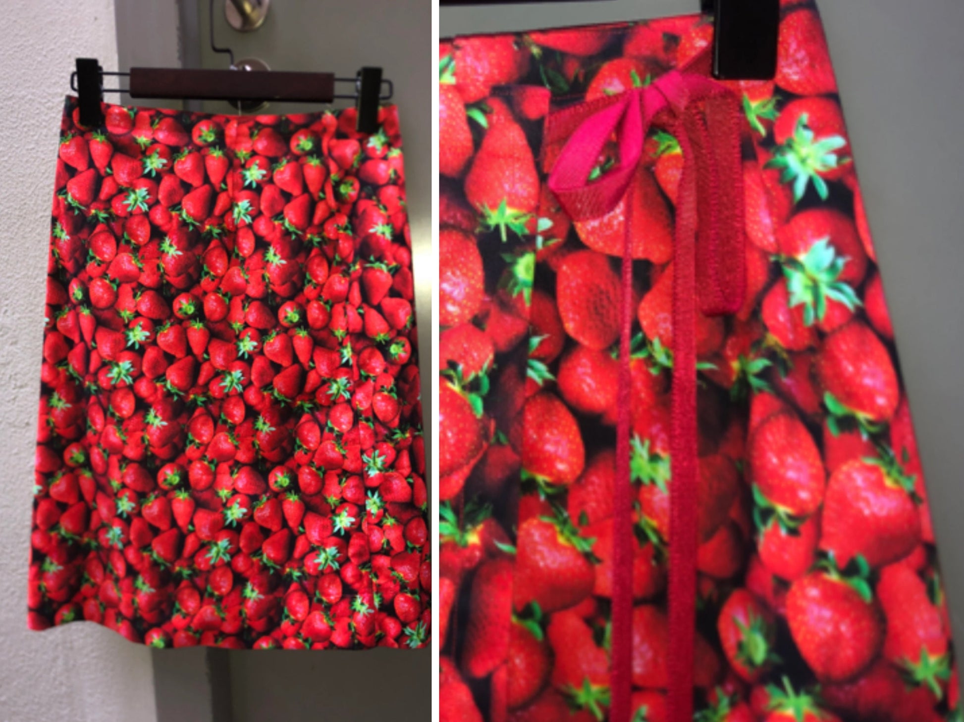 Strawberry Print Cotton Skirt | Bow n shell MOP buttons | sample sale ready to ship now adjustable waist free size knee length a line