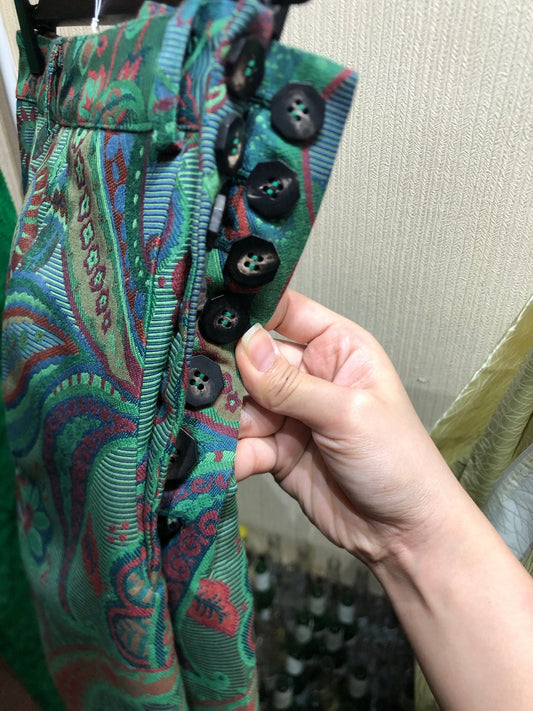 Green thick colorful luxury brocade trousers | experimental fashion sample ready to ship now | no zipper fully button historical design