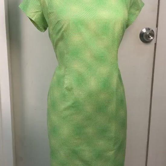 Any Size 1960s Hong Kong style CheongSam Dress [Tailor-Made] | Japanese Optical illusion checkerboard printed Cotton | Green Beige Purple