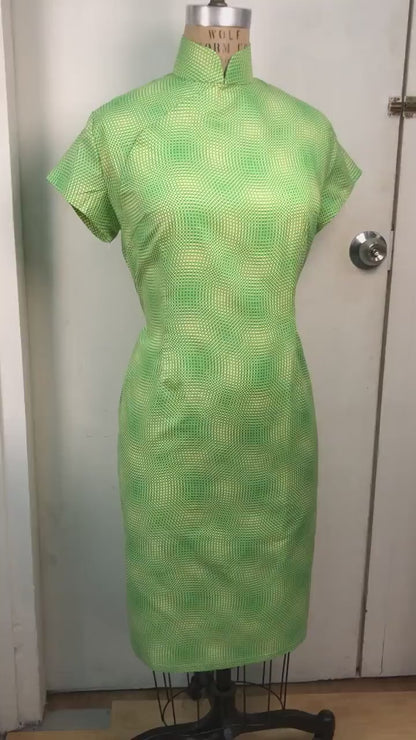 Any Size 1960s Hong Kong style CheongSam Dress [Tailor-Made] | Japanese Optical illusion checkerboard printed Cotton | Green Beige Purple