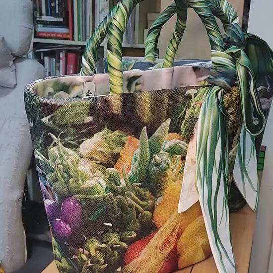 搭條蔥 (Spring onion as gift) | Original VEGGIE visual printed on textile | Entirely Handmade | Market shopping Straw Tote Bag wearable art