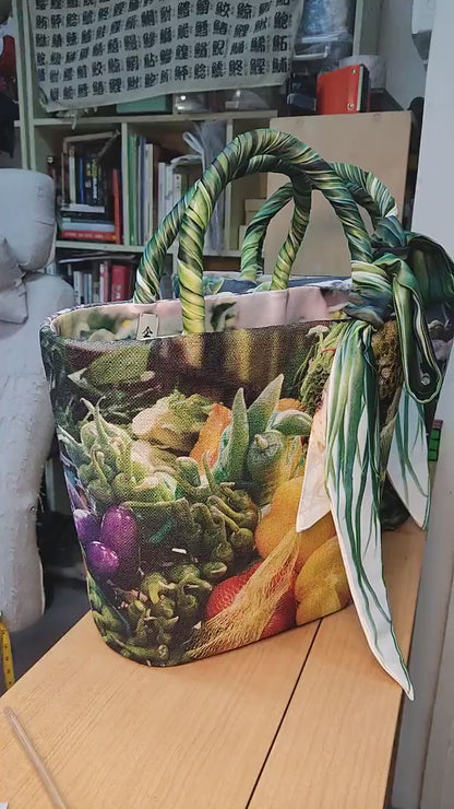 搭條蔥 (Spring onion as gift) | Original VEGGIE visual printed on textile | Entirely Handmade | Market shopping Straw Tote Bag wearable art