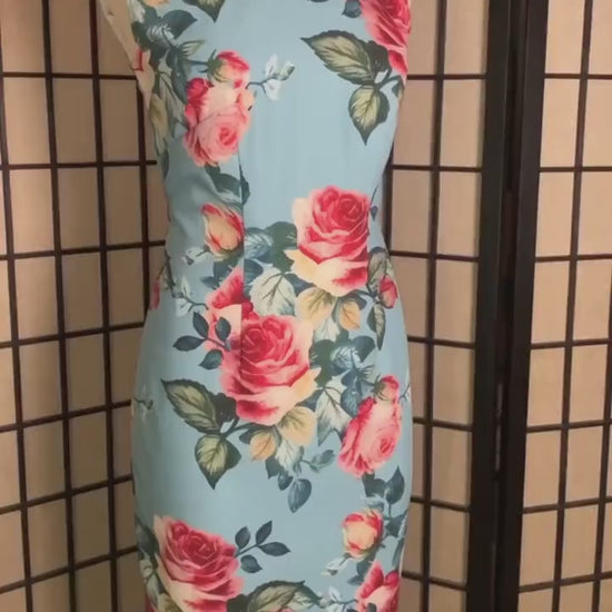 HK Cheongsam Dress (1960s) | Pink rose floral print on bright blue twill with slight stretch [ In the Mood for Love 花樣年華 inspiration ]