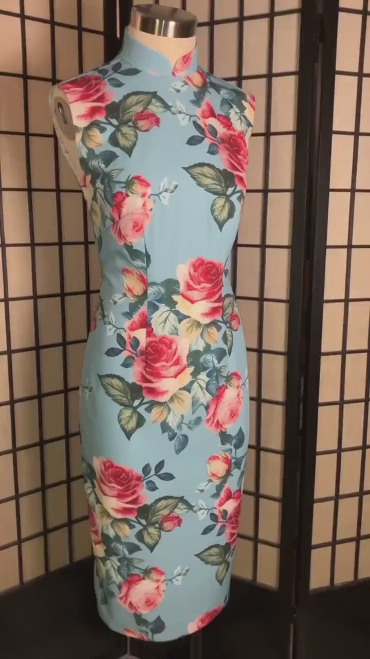 HK Cheongsam Dress (1960s) | Pink rose floral print on bright blue twill with slight stretch [ In the Mood for Love 花樣年華 inspiration ]