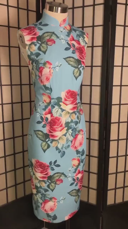 HK Cheongsam Dress (1960s) | Pink rose floral print on bright blue twill with slight stretch [ In the Mood for Love 花樣年華 inspiration ]