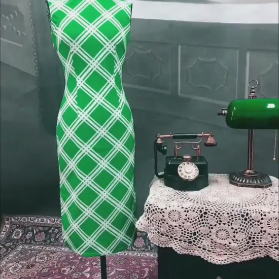 Cheongsam Dress (1960s) | White Diagonal Windowpane Check on Grass Green Chiffon [ In the Mood for Love 花樣年華 | Historical inspiration ]