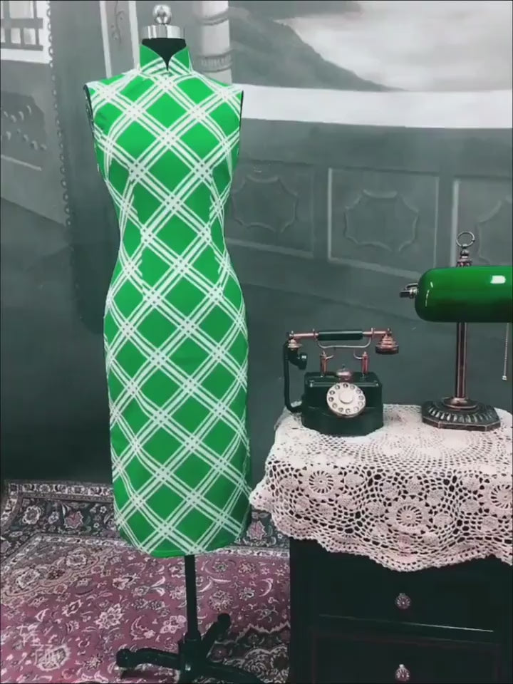 Cheongsam Dress (1960s) | White Diagonal Windowpane Check on Grass Green Chiffon [ In the Mood for Love 花樣年華 | Historical inspiration ]