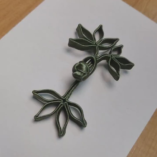 historically authentic handmade Chinese Knot Buttons | Bamboo Green leaf satin , ONE pair as seen in photos | 槳糊鐵線功花鈕盤扣