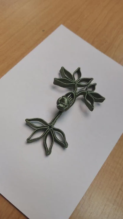 historically authentic handmade Chinese Knot Buttons | Bamboo Green leaf satin , ONE pair as seen in photos | 槳糊鐵線功花鈕盤扣