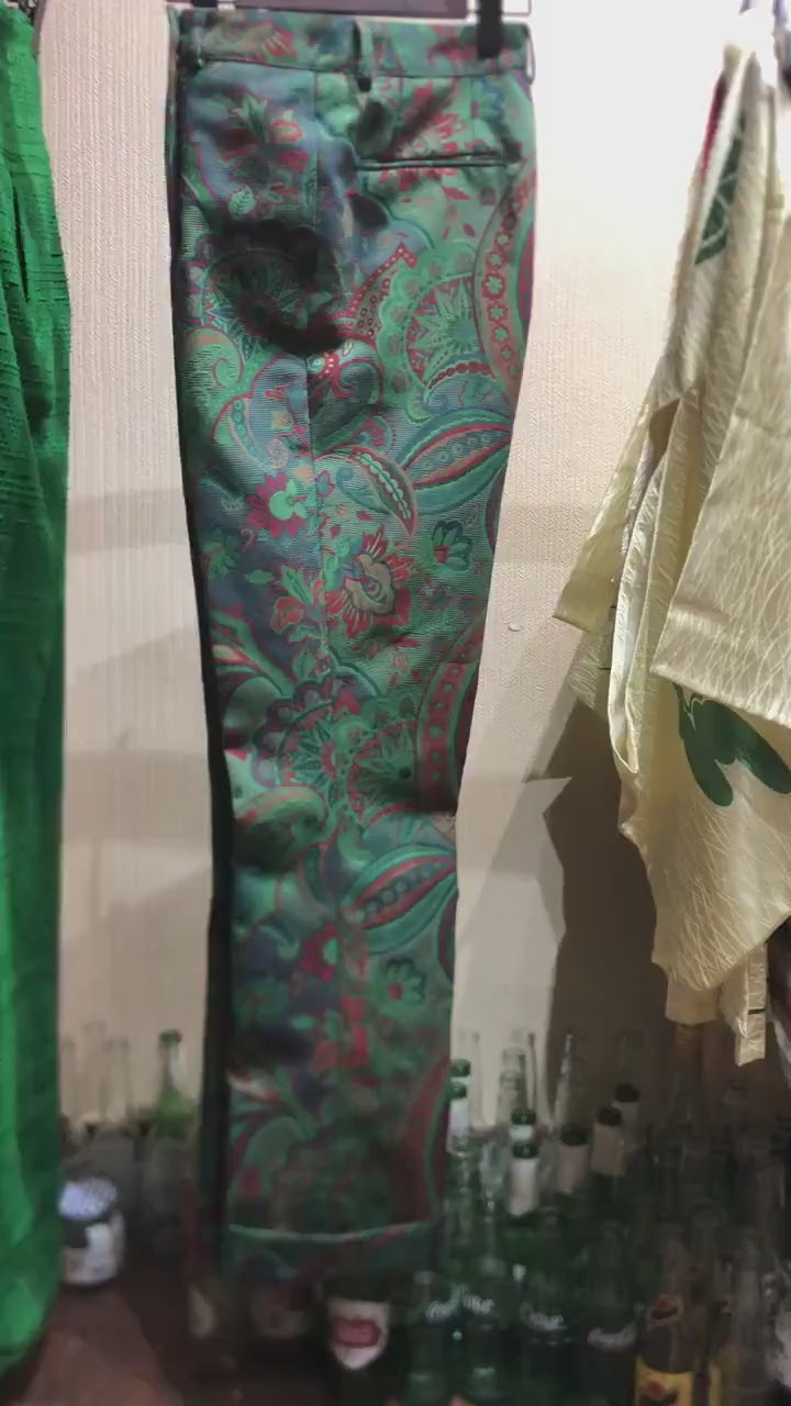 Green thick colorful luxury brocade trousers | experimental fashion sample ready to ship now | no zipper fully button historical design