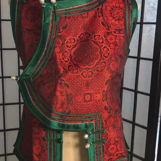 Mongolian Vest [Tailor-Made] | Red jacquard brocade Green triple binding | Embellish Top