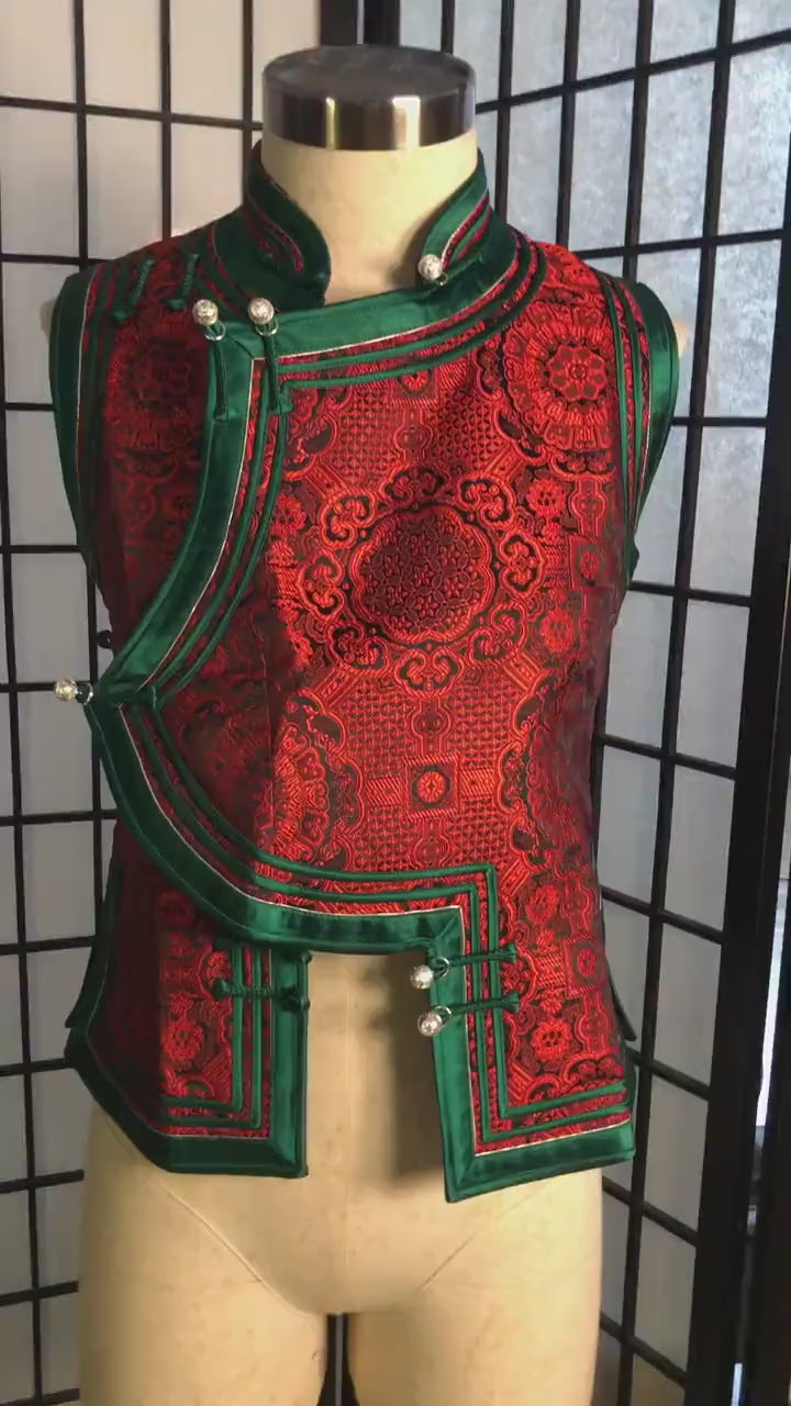 Mongolian Vest [Tailor-Made] | Red jacquard brocade Green triple binding | Embellish Top