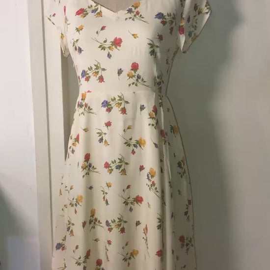 1950s swing dress [ Full circle skirted tea length ] Tailor Made | make to measure bespoke | Floral print on white soft beige white cotton