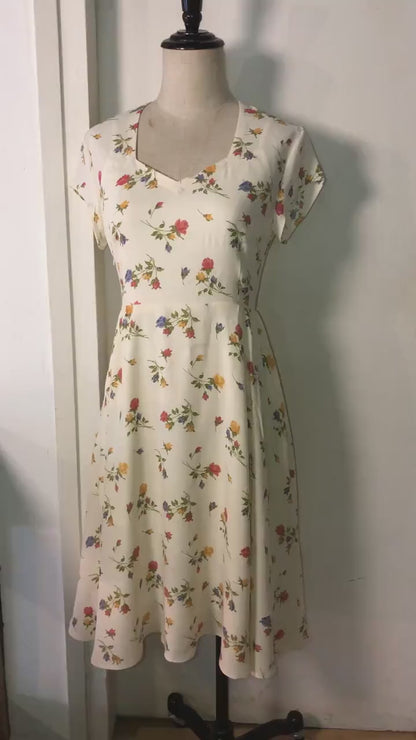 1950s swing dress [ Full circle skirted tea length ] Tailor Made | make to measure bespoke | Floral print on white soft beige white cotton