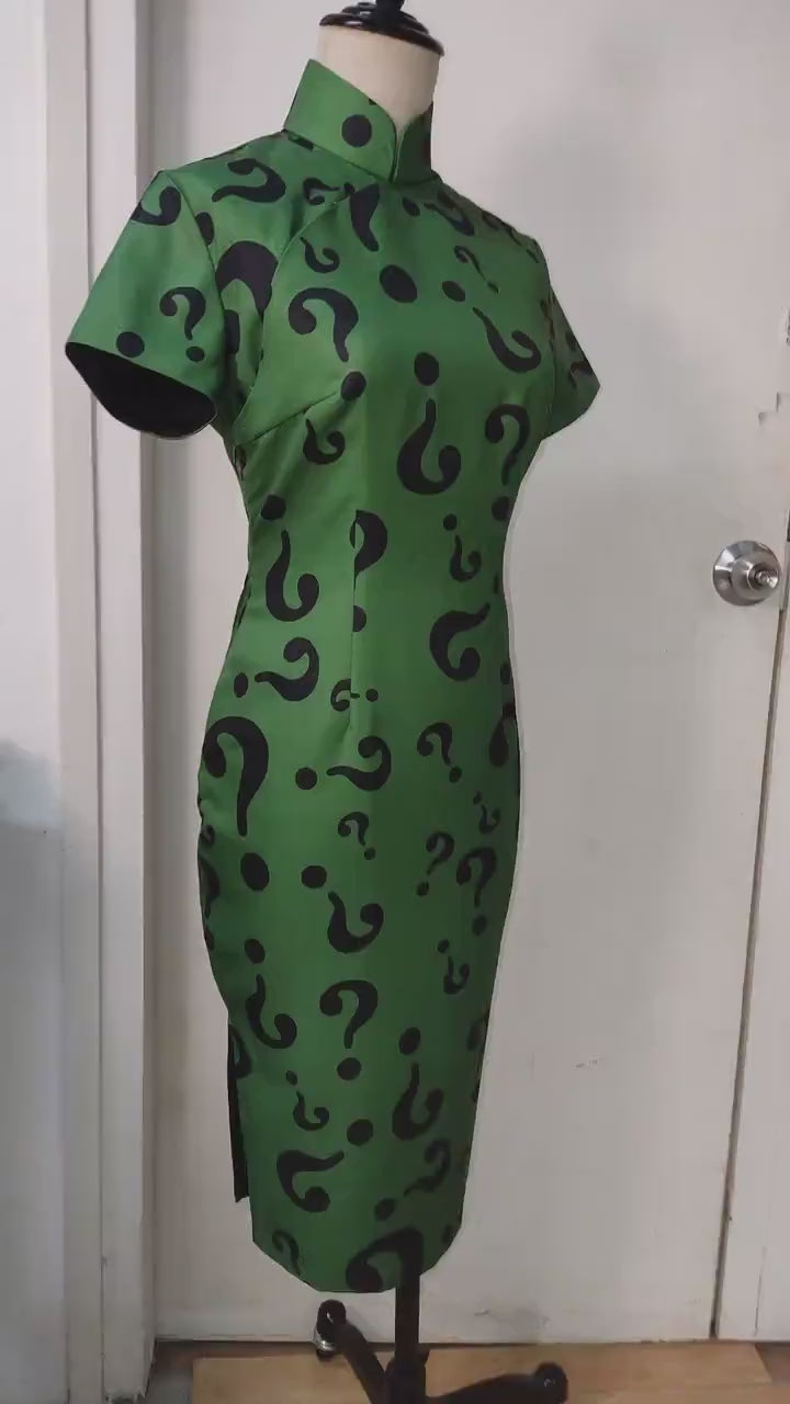 1960s Hong Kong style Green Riddle CheongSam Dress [Tailor Made] (Custom printed any colour) female womens Jim Carrey 1995 Riddler cosplay