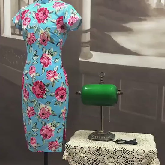 Cheongsam Dress (1960s) | Pink rose floral print on bright blue Chiffon cotton lining [ In the Mood for Love 花樣年華 | Historical inspiration ]