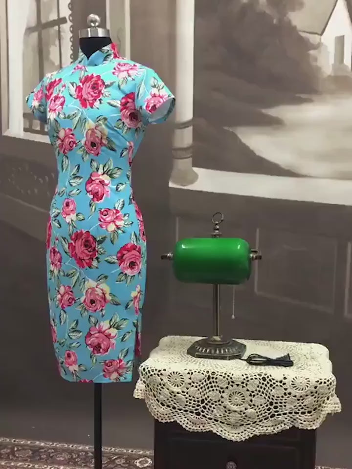 Cheongsam Dress (1960s) | Pink rose floral print on bright blue Chiffon cotton lining [ In the Mood for Love 花樣年華 | Historical inspiration ]