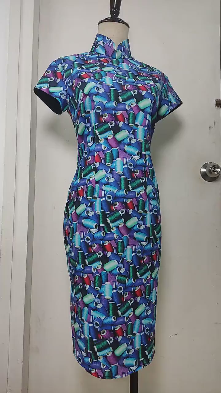 1960s Hong Kong style CheongSam Dress [Tailor-Made] | Blue funky thread rolls printed cotton