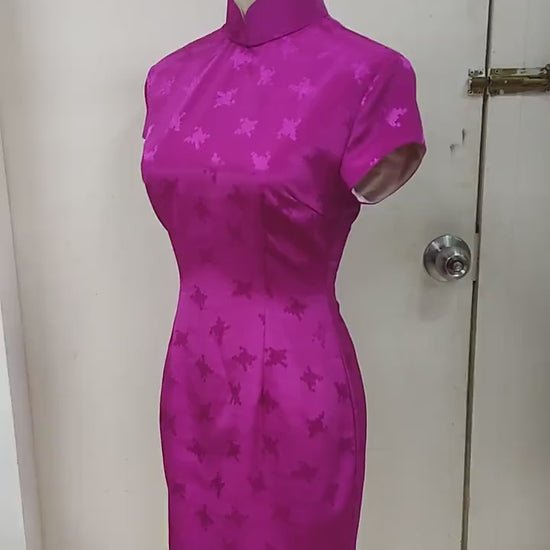 1960s Hong Kong style CheongSam Dress [Tailor-Made] shocking pink houndstooth brocade satin