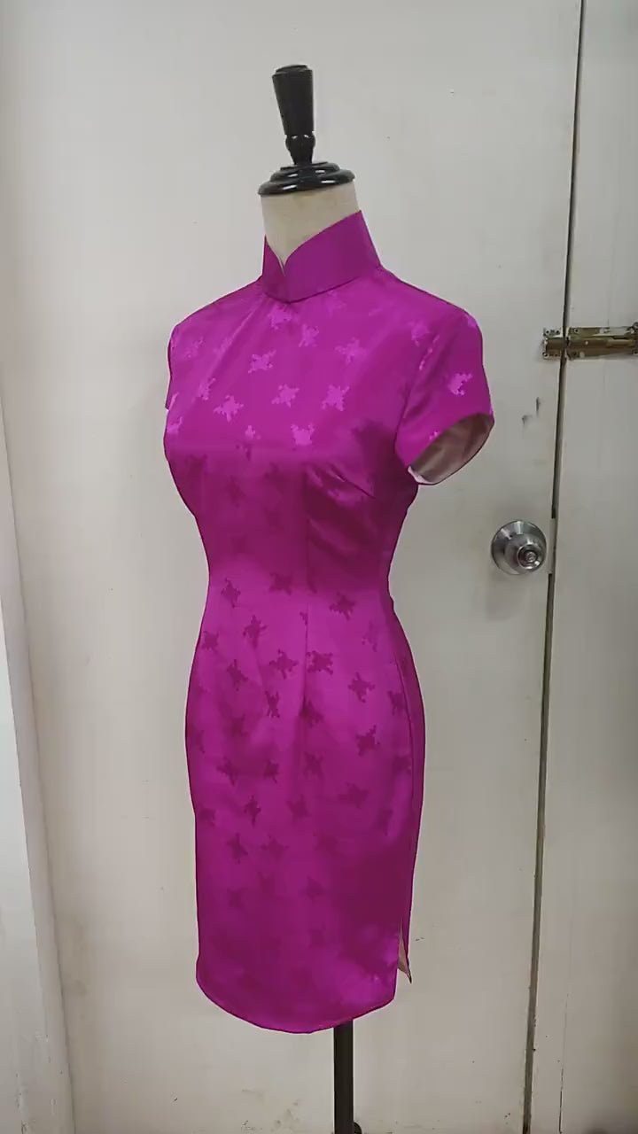 1960s Hong Kong style CheongSam Dress [Tailor-Made] shocking pink houndstooth brocade satin