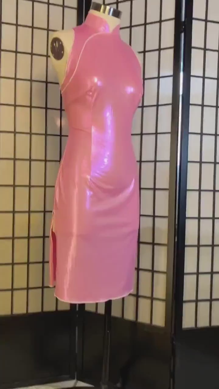 Custom Tailor Made》Shimmering Stretch wet look soft pink CheongSam Barbie babygirl inspired Fetish Qipao dress | any measurment any size