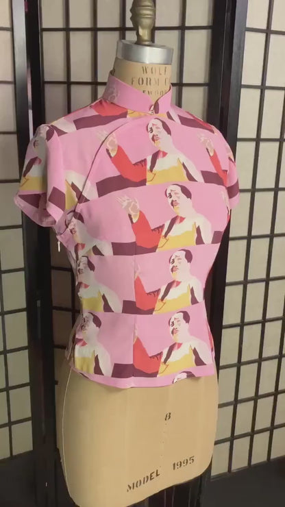 1960s Hong Kong style Pink Mao CheongSam crop top [Tailor-Made] printed chairman Mao pure silk chiffon custom made any size fit any request