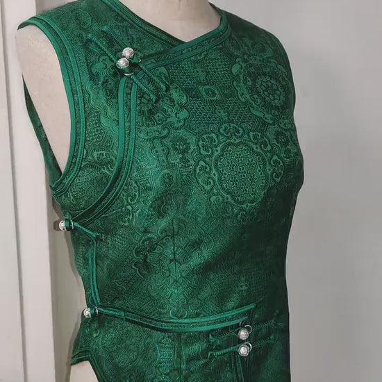 Mongolian Vest [Tailor-Made] | Green Jacquard brocade Satin double binding | Embellish Top