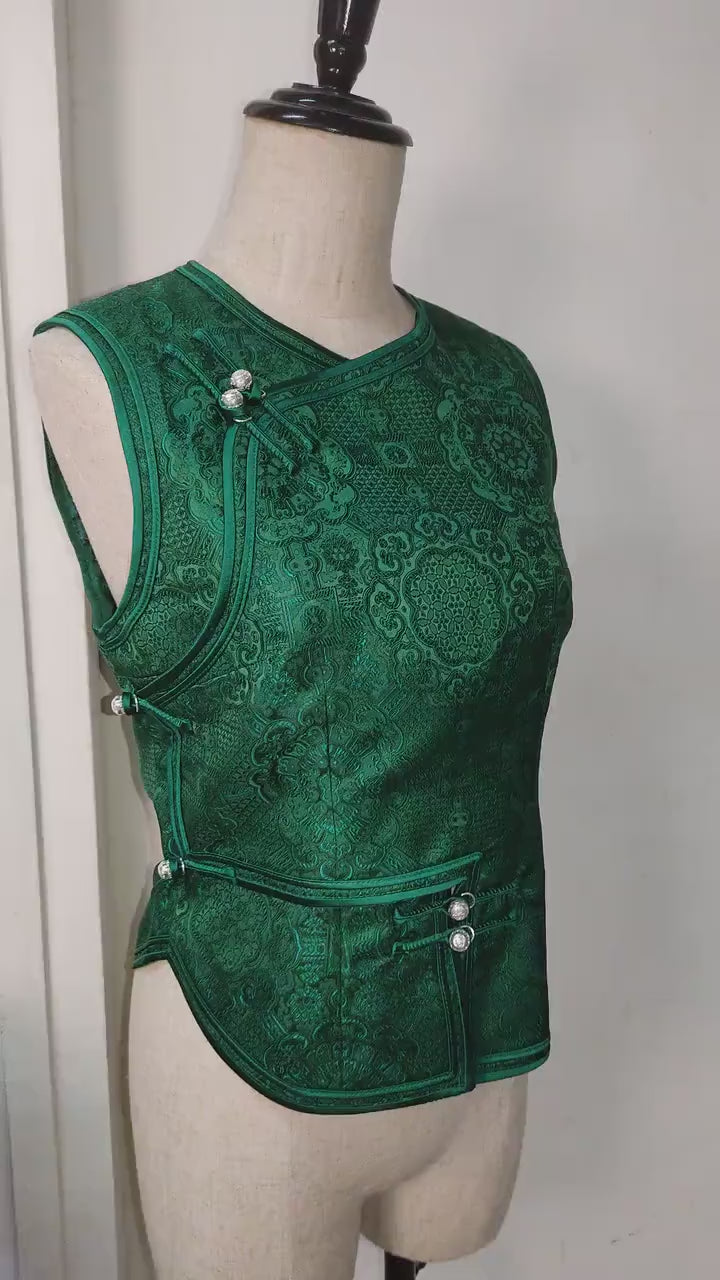 Mongolian Vest [Tailor-Made] | Green Jacquard brocade Satin double binding | Embellish Top