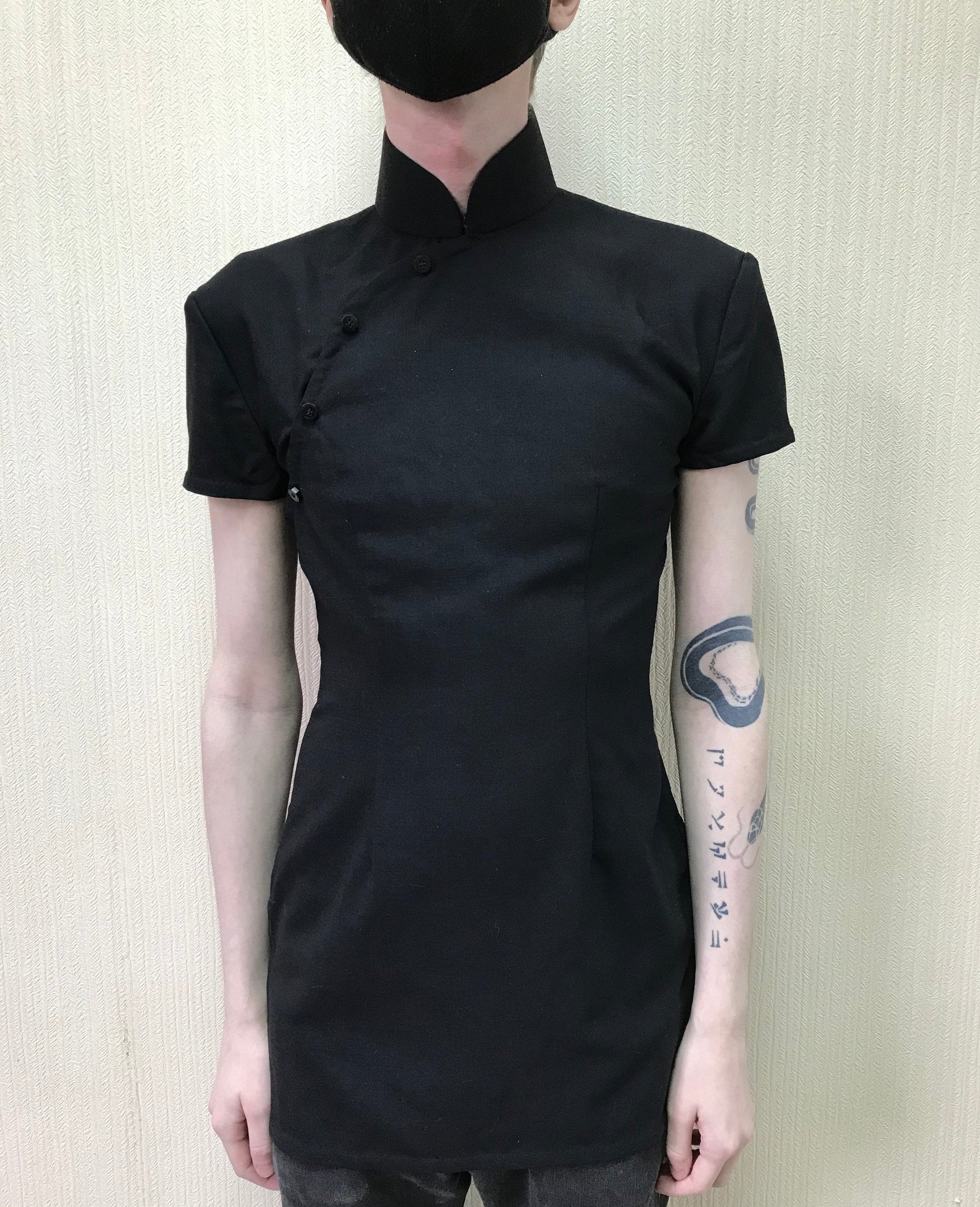 🎱 Black silk wool Unisex Cheongsam Top - 企直啲 Stand Tall D