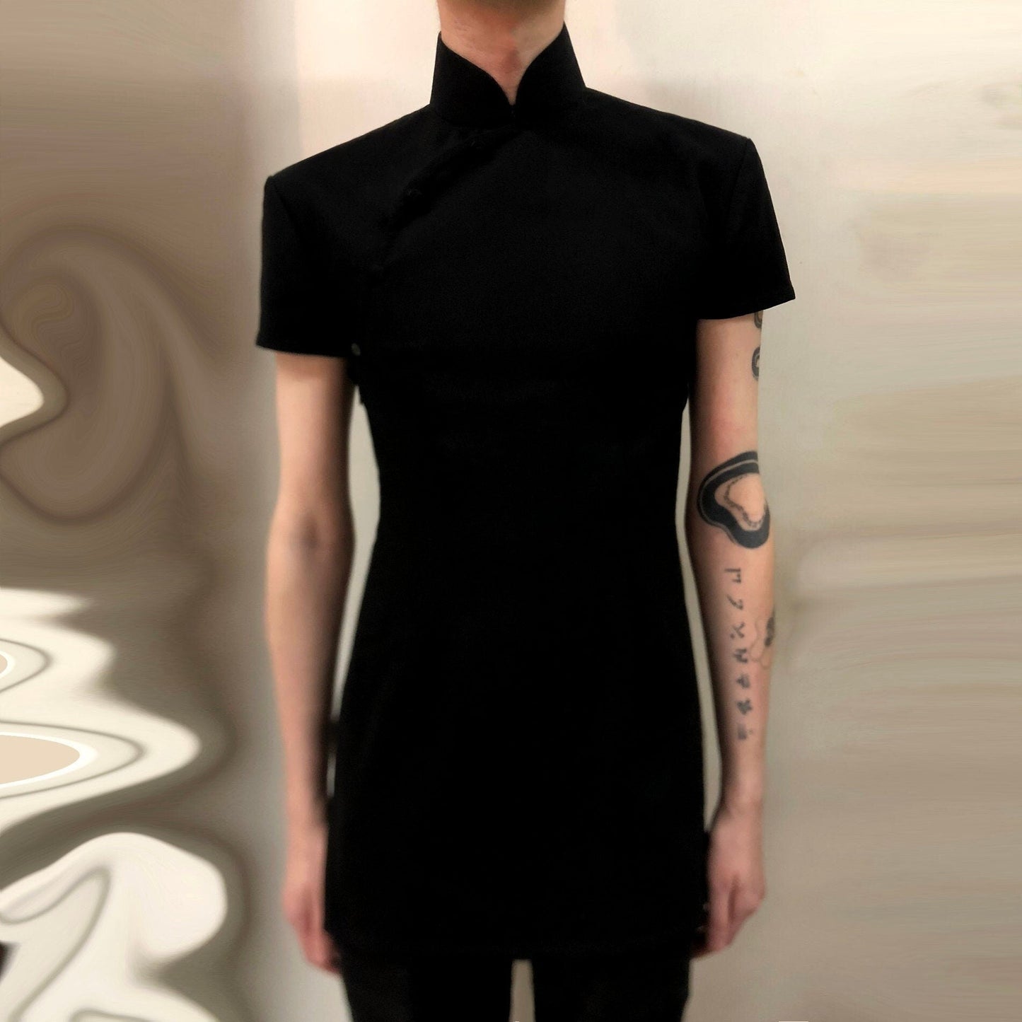 🎱 Black silk wool Unisex Cheongsam Top - 企直啲 Stand Tall D