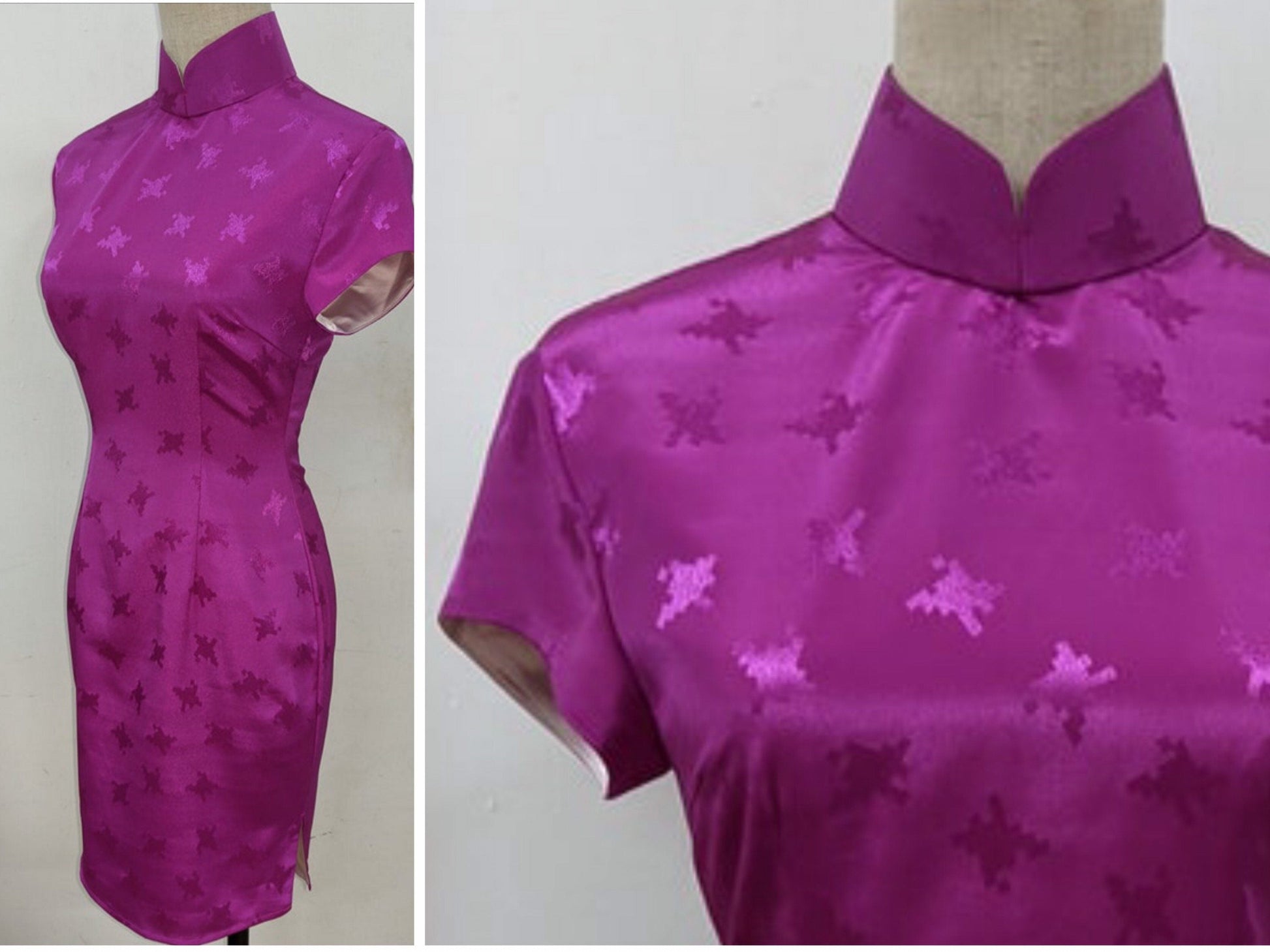 💓 Houndstooth shocking pink Brocade Cheongsam - 企直啲 Stand Tall D