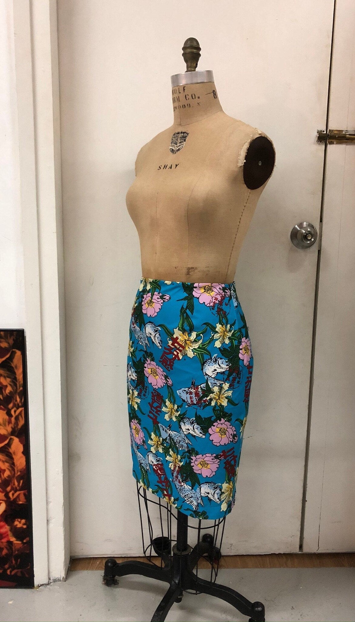 Any Size Single side Slit Skirt [Tailor-Made] | Authentic Japanese Print Blue fish custom measurment made to order tailor