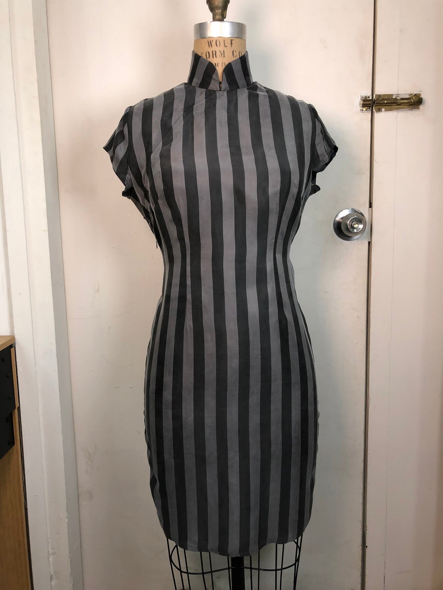 1960s Hong Kong style CheongSam Dress [Tailor-Made] | Grey & Black thick Stripe Viscose