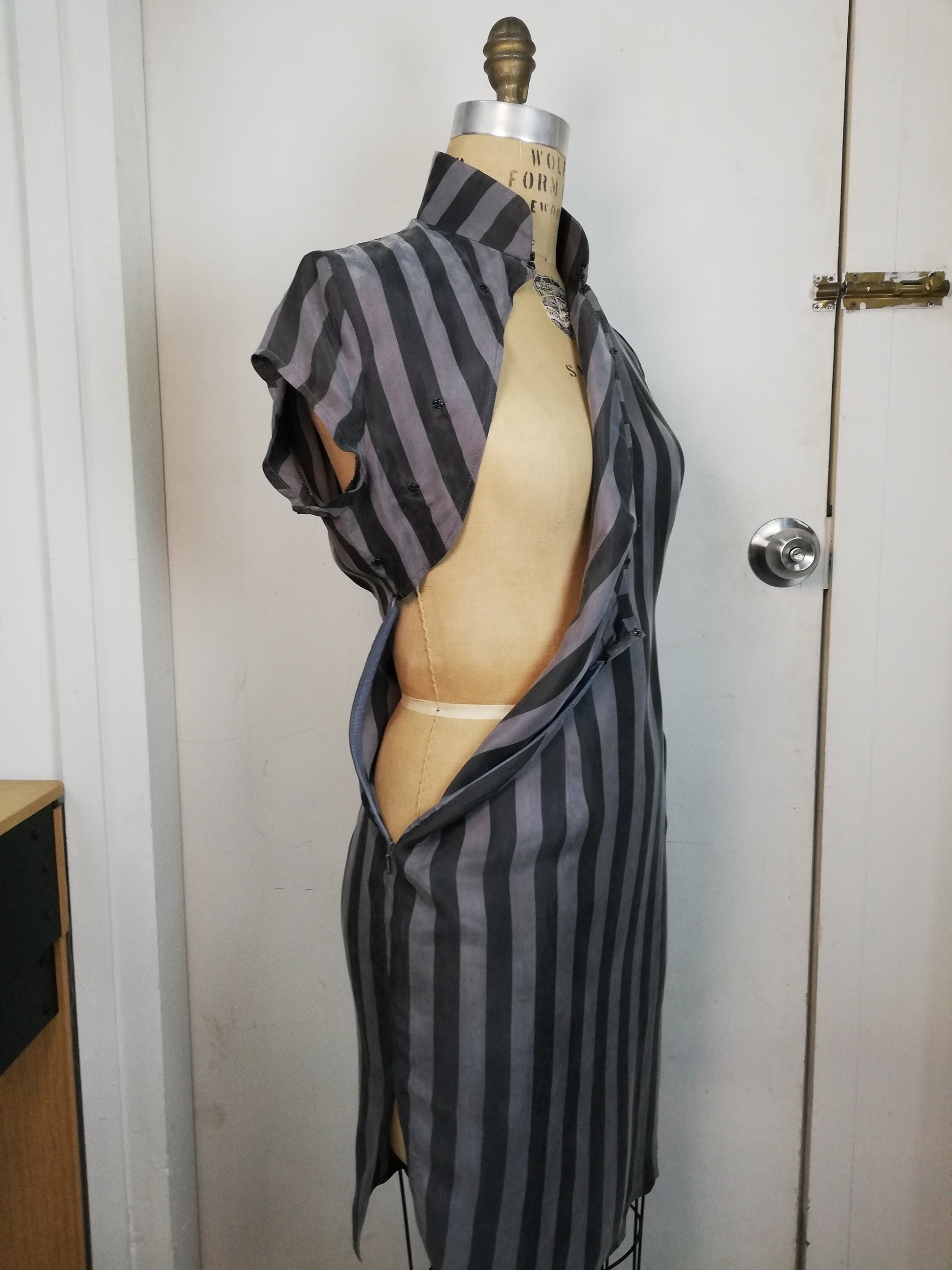 1960s Hong Kong style CheongSam Dress [Tailor-Made] | Grey & Black thick Stripe Viscose