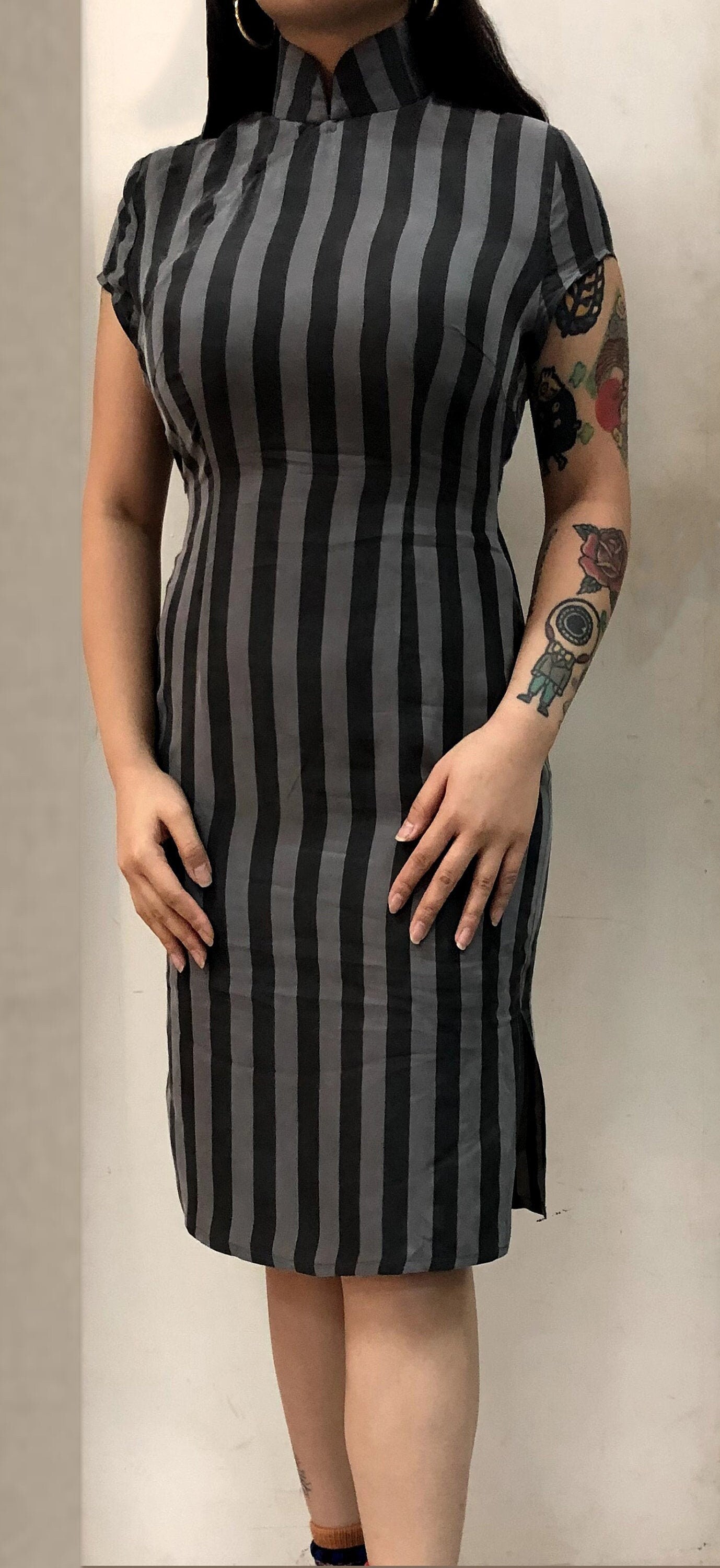 1960s Hong Kong style CheongSam Dress [Tailor-Made] | Grey & Black thick Stripe Viscose