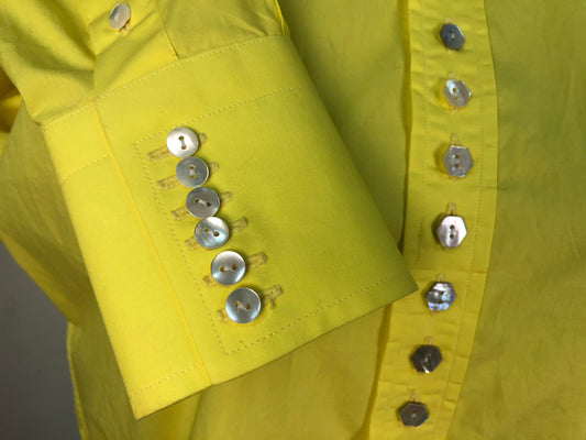 Sample Sale | Shocking yellow cotton shirt with way too many shell MOP buttons | crazy experimental fashion