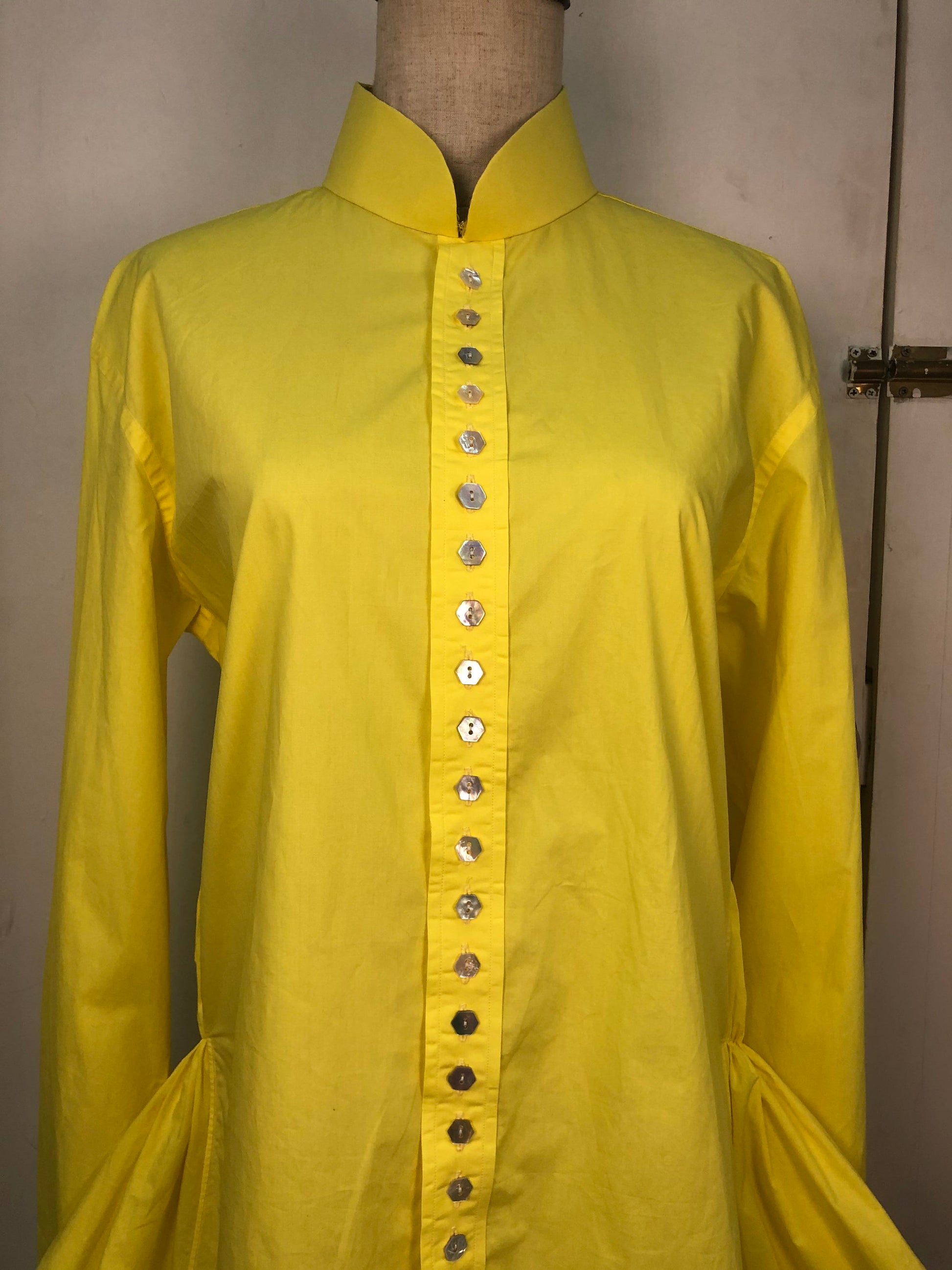 Sample Sale | Shocking yellow cotton shirt with way too many shell MOP buttons | crazy experimental fashion