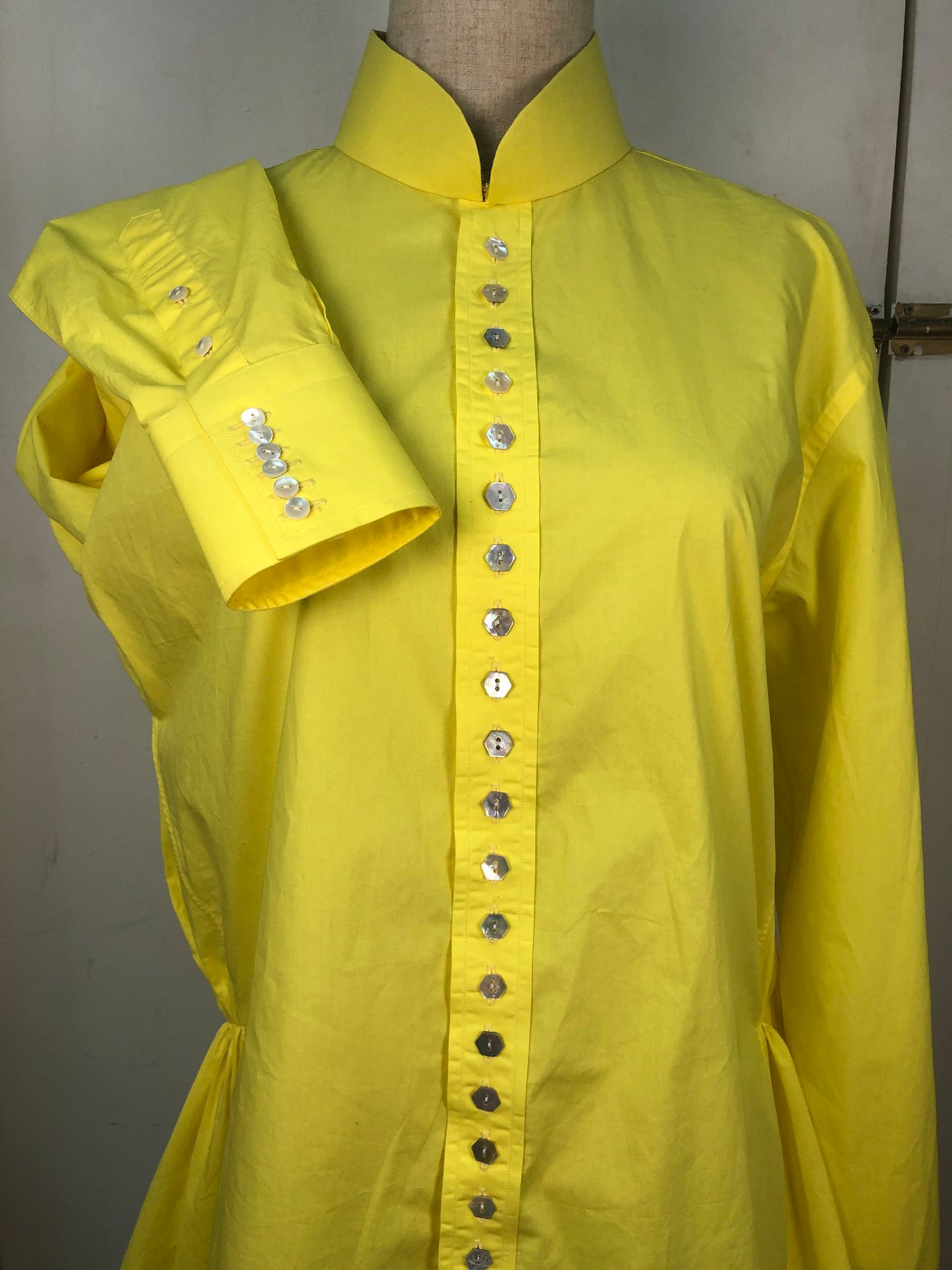 Sample Sale | Shocking yellow cotton shirt with way too many shell MOP buttons | crazy experimental fashion