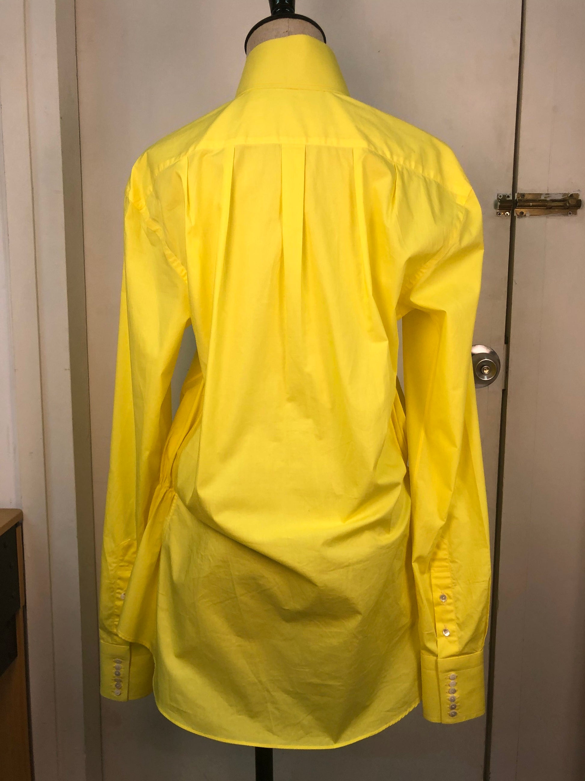 Sample Sale | Shocking yellow cotton shirt with way too many shell MOP buttons | crazy experimental fashion