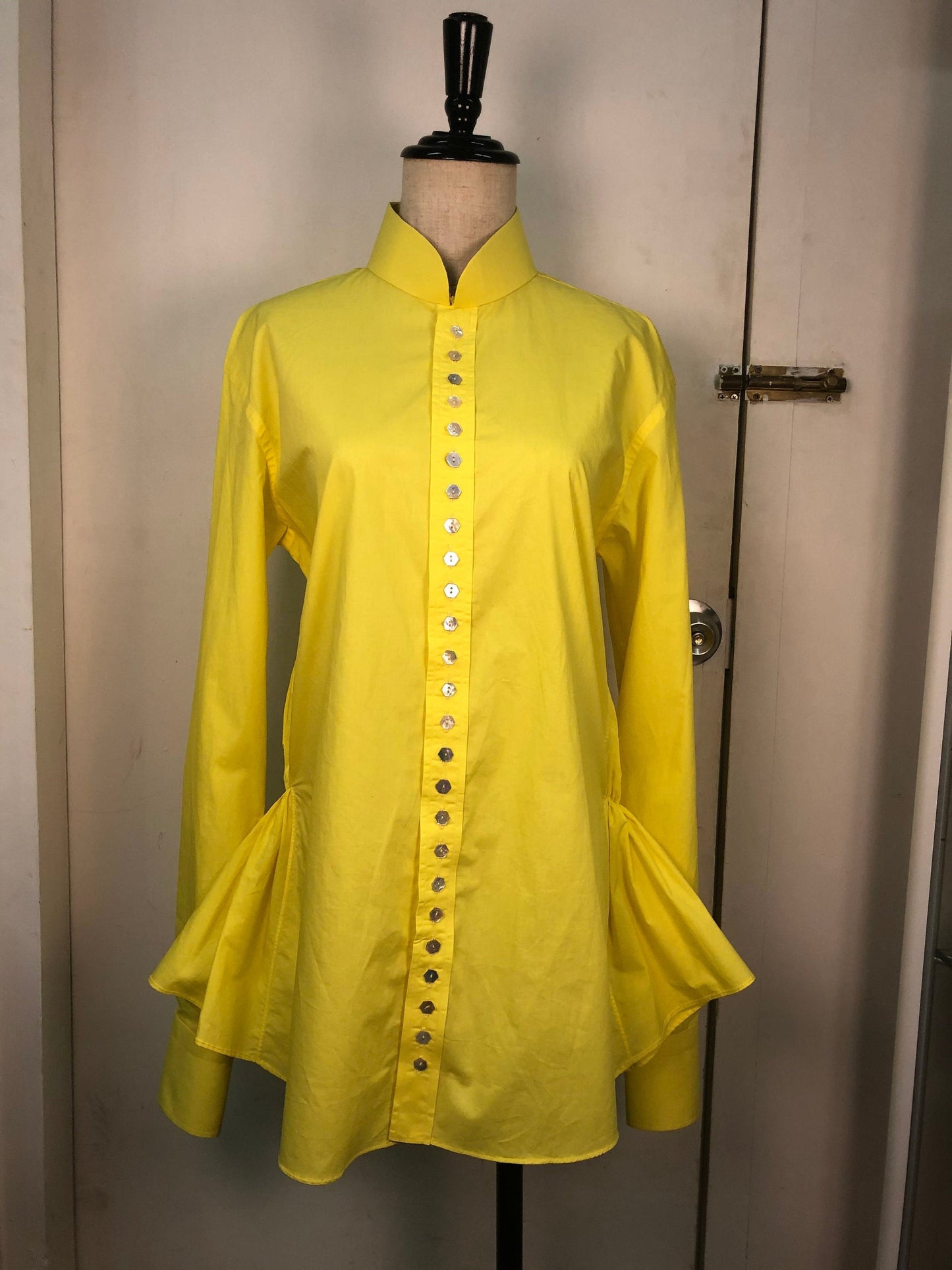 Sample Sale | Shocking yellow cotton shirt with way too many shell MOP buttons | crazy experimental fashion