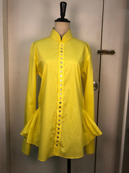 Sample Sale | Shocking yellow cotton shirt with way too many shell MOP buttons | crazy experimental fashion