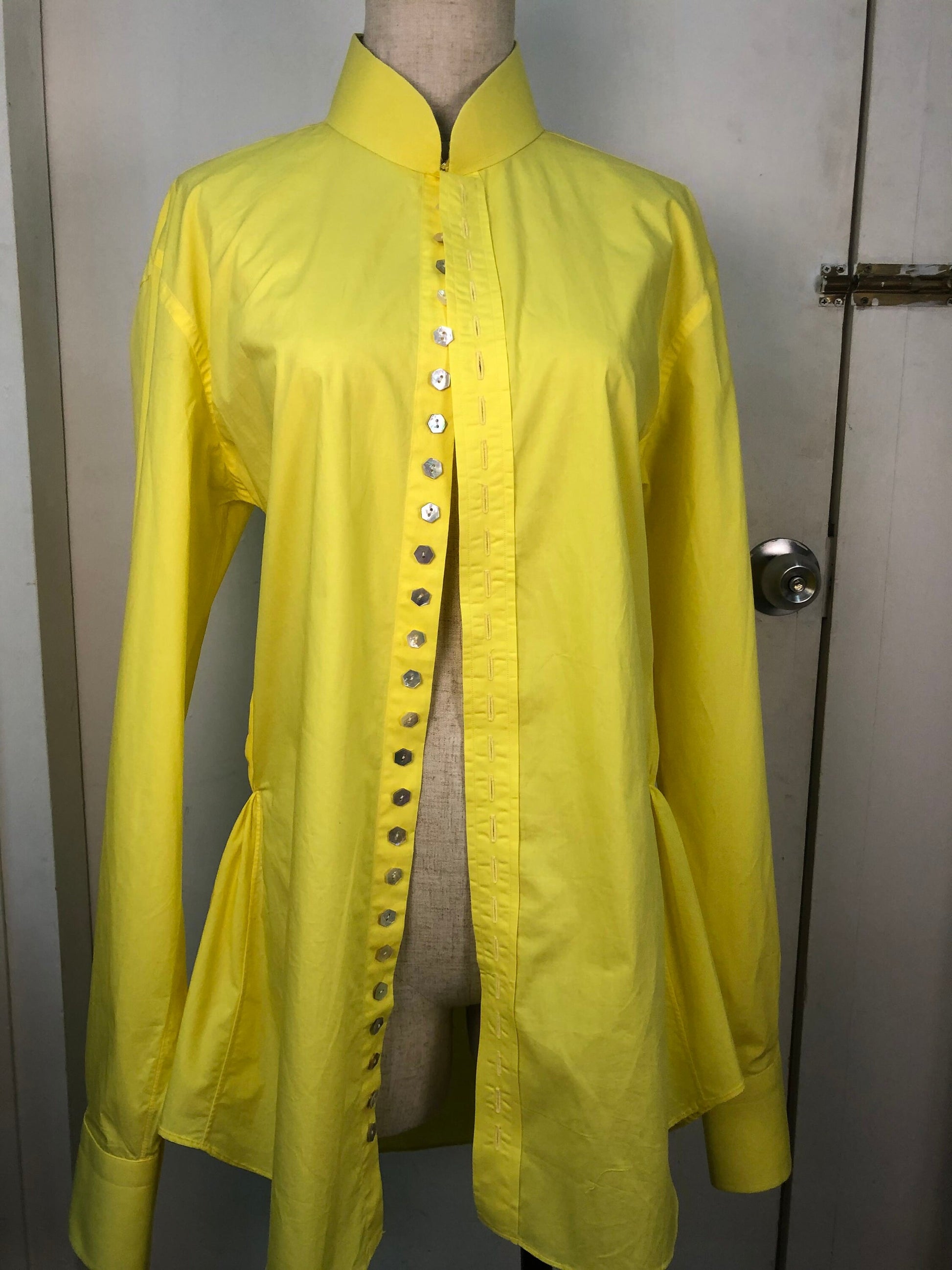 Sample Sale | Shocking yellow cotton shirt with way too many shell MOP buttons | crazy experimental fashion